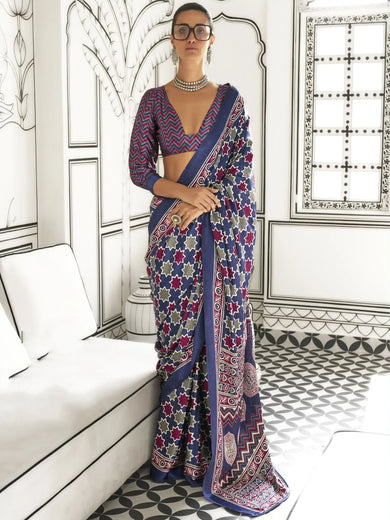 Beautiful Blue Printed Satin Traditional Wear Saree With Blouse